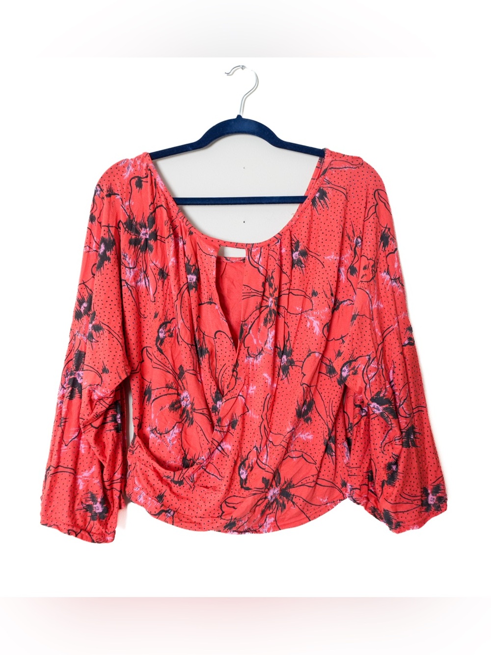 Free People Last Time Printed Floral Top Coral Bell Sleeve